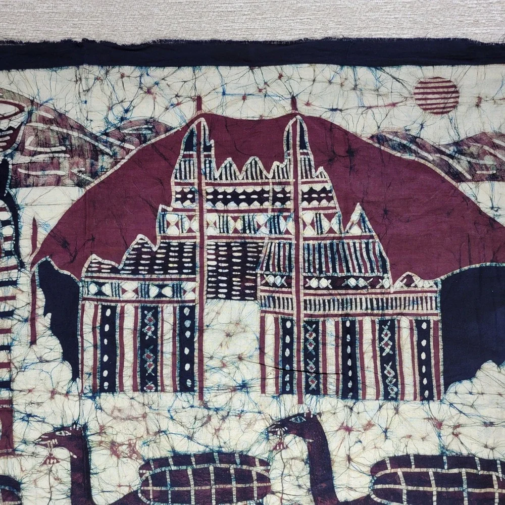 African Batik Dye Art Wall Hanging Camel Caravan Village Scene Tapestry Signed